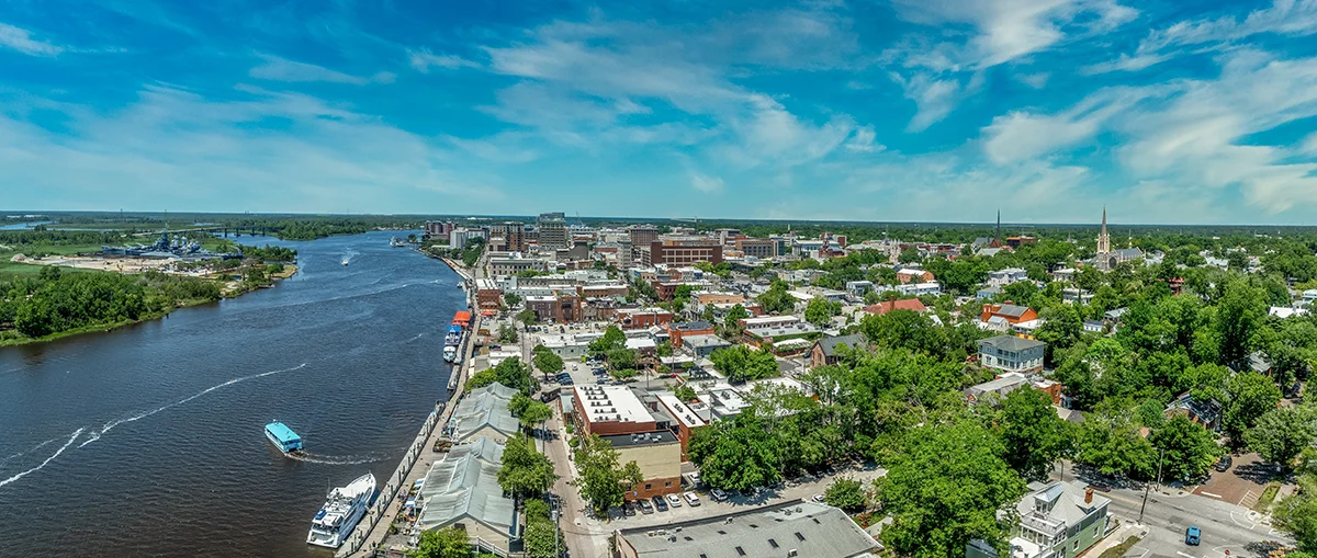 Aerial view of Wilmington, NC and the Cape Fear River